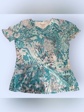 Y2K Landau Teal Abstract Print Scrub Top - Size S